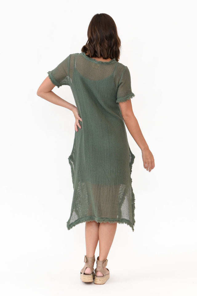 Nessy Khaki Cotton Woven Frayed Dress image 5
