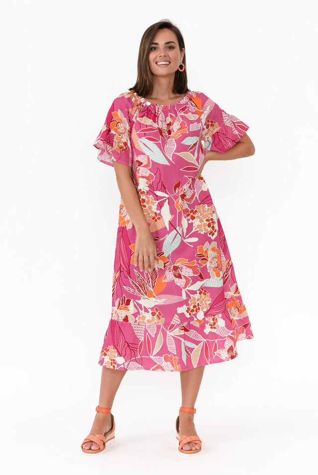 Ornella Pink Tropical Linen Cotton Dress  