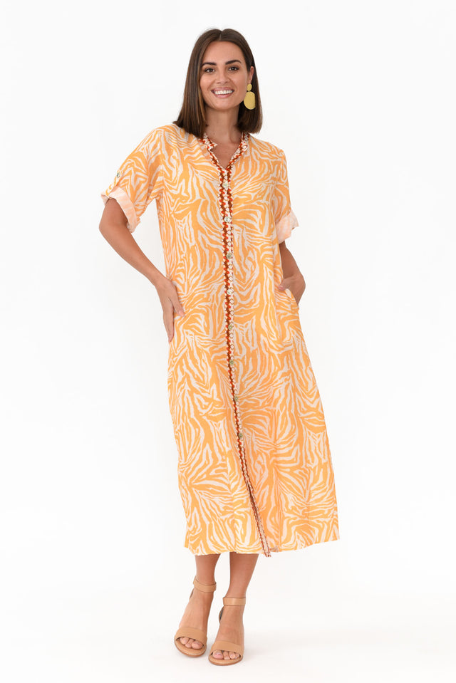 Retro Orange Zebra Linen Shirt Dress