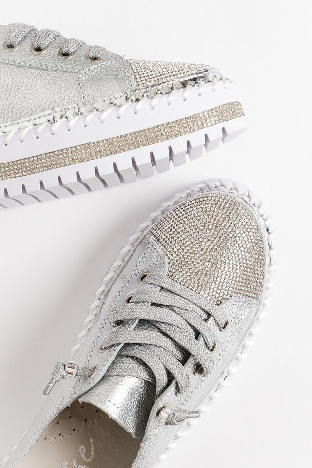 Sky Silver Leather Diamante Sneaker