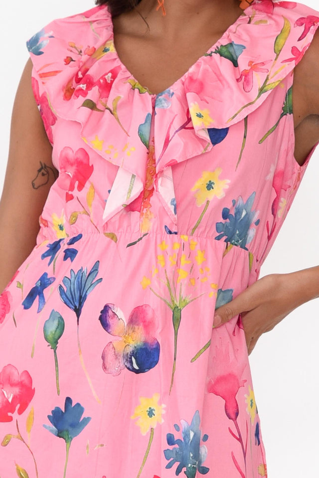 Thea Pink Flower Cotton Poplin Frill Dress