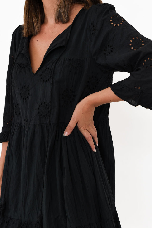 Valentina Black Cotton Embroidered Dress