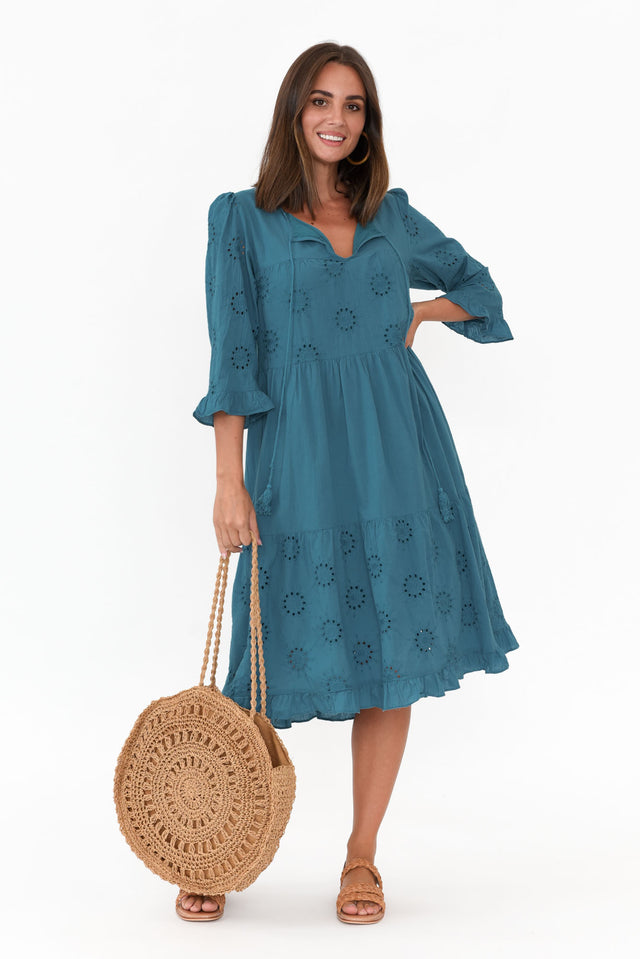 Valentina Blue Cotton Embroidered Dress